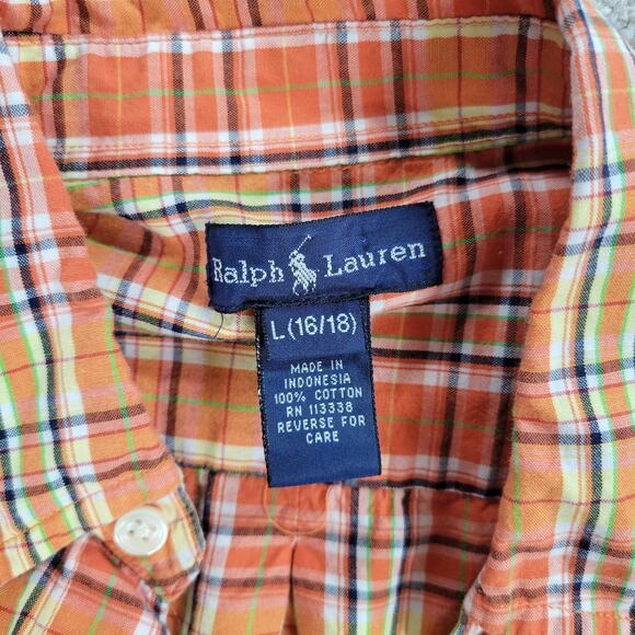 Ralph Lauren Button Down Shirt Boys L 16-18 Orange Plaid Cotton Classic Fit - Picture 2 of 12